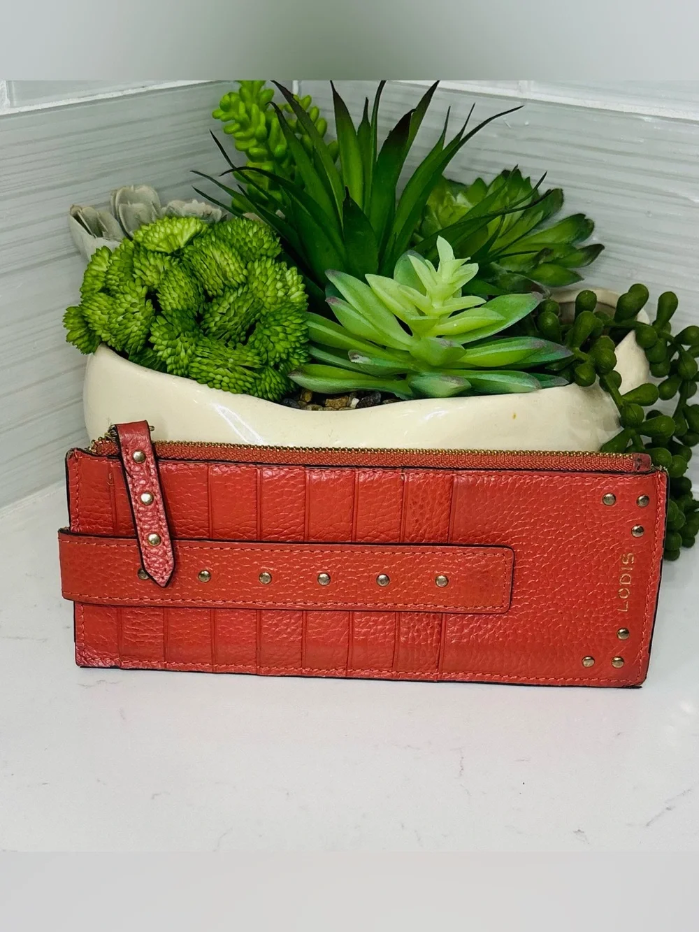 Lodis Red Leather Zip Wallet Slim Card Holder Organizer Gold Logo